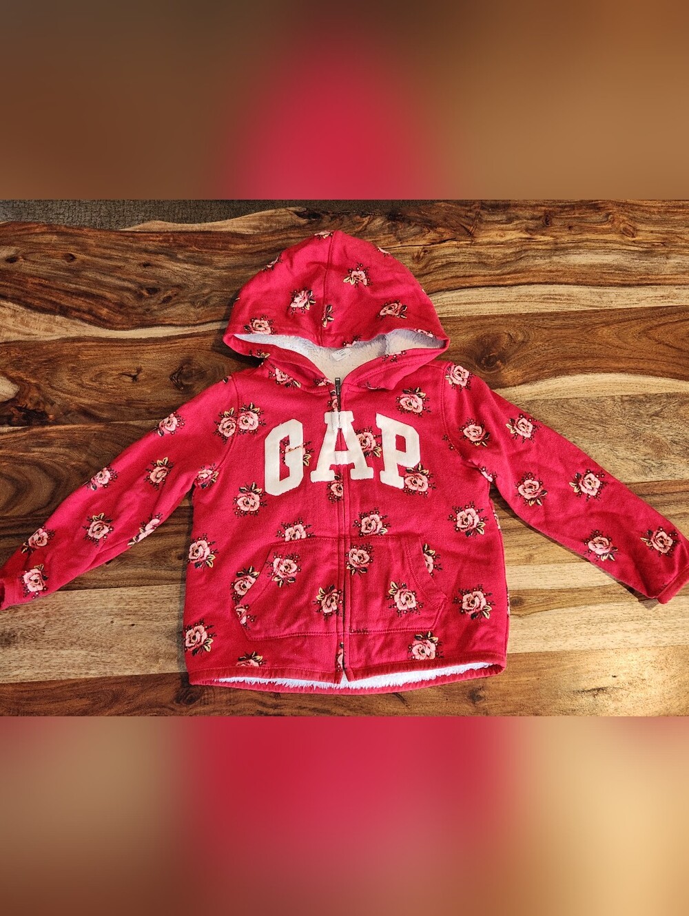 GAP Kids Red Floral Fleece Lined Zip-Up Hoodie